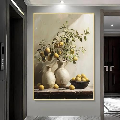 CHAOJIART Affiche vintage nature morte, citronnier, olivier, plantes dans un vase, art mural, toile, peinture botanique, décoration d'intérieur, cadre intérieur 50 x 70 cm