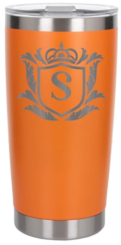 Customised Gifts 500ml Engraved Shield Initial Monogram Insulated Personalised Orange Travel Mug for Men and Women - Personalised Initial Coffee Travel Mug for Hot and Cold Beverages, Letter S