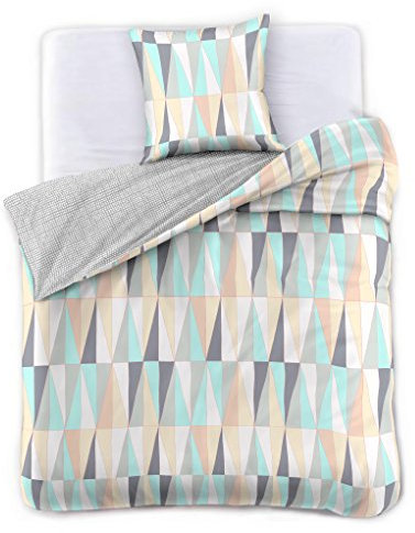 DecoKing Premium 28414 Bettwäsche 155x220 1 Kissenbezug 80x80 grau geometrisch Bettbezüge Renforcé Baumwolle Mako-Satin Baumwollsatin zweiseitig Ducato Collection Pastel Love weiß türkis gelb orange