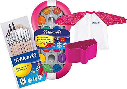 Pelikan Pink Space Farbkasten mit 12 Farben und 1 Deckweiß (im Set mit einem farblich passendem Special Limited Wasserbecher + großem Pinsel-Set + Schürze)