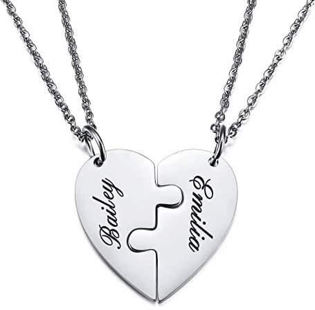 MunkiMix Personalisierte Halskette für Männer/Frauen, Paar-/Freundschaftskette für 2/3/4/5 Teile, Schwarz/Silber Herz-Puzzle-Teile-Halsketten-Sets, Name/Text-Gravur Edelstahl-Halskette (2 Stück)