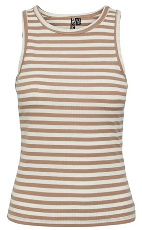PIECES Damen Pcruka Boxer Tank Top Noos Bc, Silver Mink/Stripes:Cloud Dancer,L