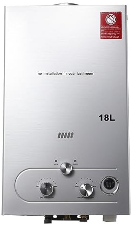 SUDEG 18L Gas Durchlauferhitzer,36KW LPG Warmwasserbereiter Instant Heißwasserbereiter Flüssiggas Durchlauferhitzer Warmwasserspeicher mit Plating-Duschkopf-Set,Silber