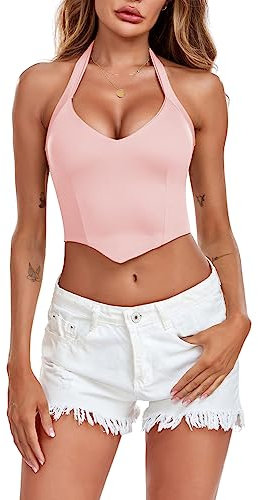 EVELIFE Womens Sexy Deep V Halter Neck Sleeveless Corset Tops Ladies Bustier Cami Summer Camisole (Pink,M)