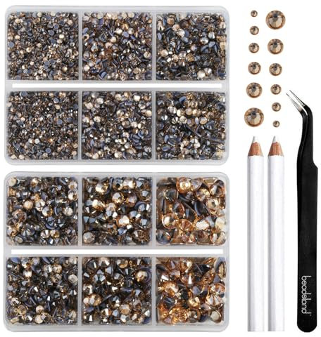 BEADSLAND Strass Hotfix,6080PCS Strass Thermocollant pour Vetement Mixte 6 Tailles avec Crayon de Cire et Kit Pince à Épiler,SS6-SS30,Champagne doré