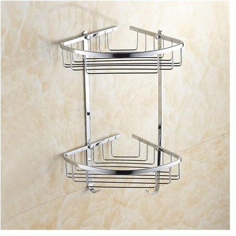 Badezimmer-Regal-Organizer, Eck-Duschwand-Caddy, Badezimmer-Aufbewahrungskörbe, 2 Etagen mit Haken, Duschregal, Messing-Shoo-Halter, Bad-Organizer, Zubehör, Wandmontage, for Einschrauben, Gold (