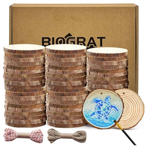 BIOGRAT Holzscheiben 6-7 cm mit Loch, 60 Stücke Baumscheiben zum Basteln, ca. 0,5 cm dick, mit 2 Schnüren für Weihnachtsdeko, Kunst, Handwerk, DIY