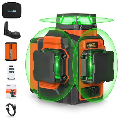TakamineTech livella laser autolivellante 360x3, 3d livello laser verde 12 linee,adatto per costruzioni e per appendere quadri,Batteria al litio da 5200mAh,telecomando e supporto rotante magnetica