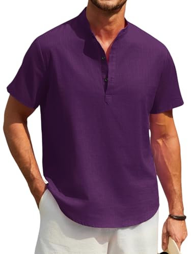 Enlision Camicia Viola Uomo in Lino Cotone Maniche Corte Camicie Estiva da Uomo Casual Serafino Senza Collo Coreana Maglietta con Bottoni T-Shirt L