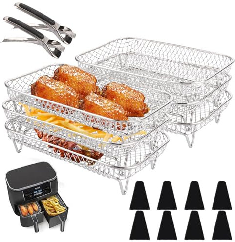 AHAQU 2 Set Air Fryer Racks, 304 Stainless Steel Air Fryer Shelf, 3 Layers Air Fryer Accessories for Ninja Dual, Rectangular Air Fryer Basket with Silicone Feet and Clip