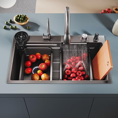 SONNI Küchenspüle, Spülbecken, Wasserfall Küche Spüle mit Ausziehbarer Wasserhahn, Tassenspüler, Seifenspender, Wasserfilterkorb, Wasserhahn Reinigen, Schneidebrett, Abflussset, Edelstahl, 75x45x23cm.