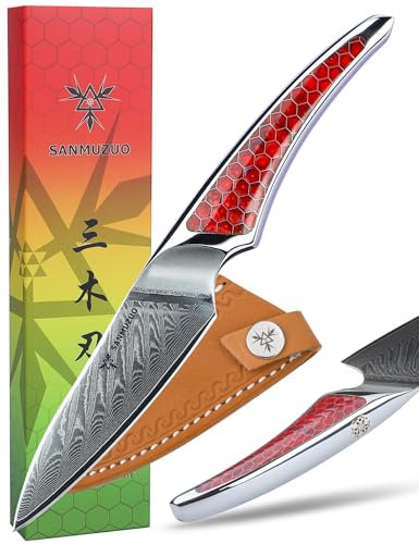 SANMUZUO 9,5CM Schälmesser, Küchenmesser aus Japanischem VG-10-Damaststahl, ultrascharfes Obstmesser mit Ergonomischer Griff aus Rot Harz, Serie LA-S9