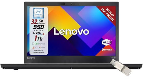 Lenovo ThinkPad, Pc Portatile Intel i7-7600U 2 Core 2.8Ghz, Ram 32Gb SSD 1000Gb, Display 14.1 HD, Win 10, Notebook Pronto all'uso con Libre Office, Omaggio Chiavetta USB FingerPrint (Ricondizionato)
