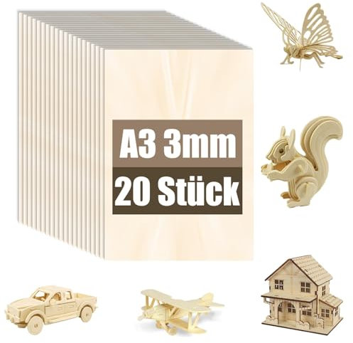 20 Stück A3 Sperrholzplatte 3mm | Linde Sperrholz für Modellbau, Laserschnitt, Gravur, Holzplatten zum Basteln, Laser Holz für DIY (20, A3(420 * 297 * 3mm))
