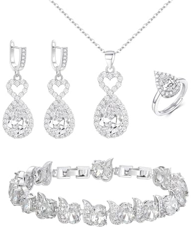 EVER FAITH 4 Stk Schmuck-Set für Damen Teardrop CZ Herz Halskette Ohrringe Armband Ring Schmuck Weihnachten Geburtstag Geschenk für Damen Mama Freund Liebhaber