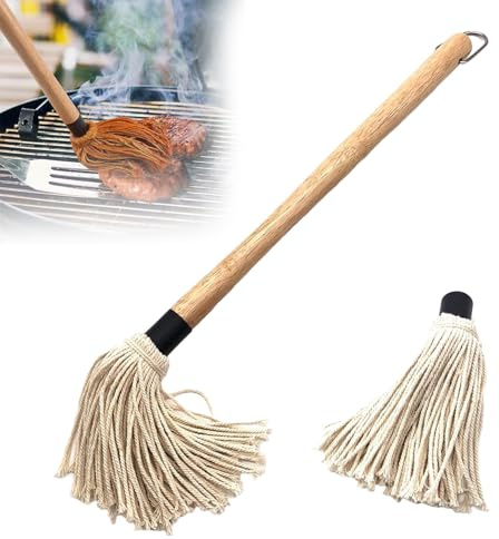 28.5CM Lang BBQ Mops Pinsel BBQ Pinsel Basting Mop Grillpinsel Küchenpinsel Backpinsel Sauce Soßen Marinaden Grillbürste mit Holzgriff und 1 Ersatz Köpfe Holzgriff Grill Mop zum Kochen Braten Grillen
