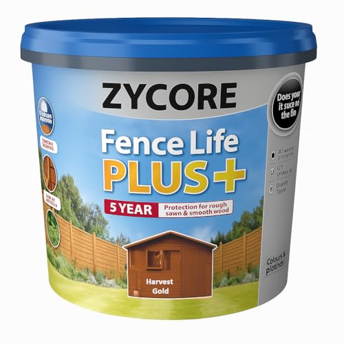 ZYCORE Fence Paint – 5L Fence Life Plus Paint - All-Weather Long-Lasting Protection, Sticks to Damp Wood, Brush or Spray on, for All Sheds and Fences (Harvest Gold)