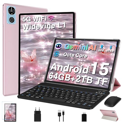 Tablet 10 Zoll Android 15 Tablets mit 64GB+2TB TF, Gemini AI, Widevide L1 FHD IPS, Octa-Core 2.0GHz, 5G+2.4G WLAN, 8MP+5MP, BT5.0, Face ID,6000mAh, BT5.0, GMS Tablet mit Tastatur und Maus - RoséGold