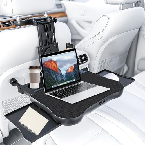 Tragbarer Autositz Tabletttisch, Auto Tisch für Rücksitz Beifahrer mit Getränkehalter und Handyhalter, Multifunktional Esstisch für Kinder Erwachsene Klappbar Einstellbar, Belastbarkeit 15-20 kg