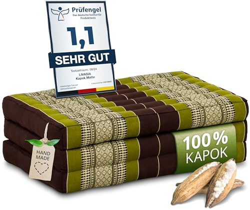 livasia Nachhaltige Matratze aus Kapok - 140x70x8cm - Klappmatratze, Camping Matte faltbar, ökologische Yogamatte klappbar, Liege für Garten und Balkon (Braun/Grün)