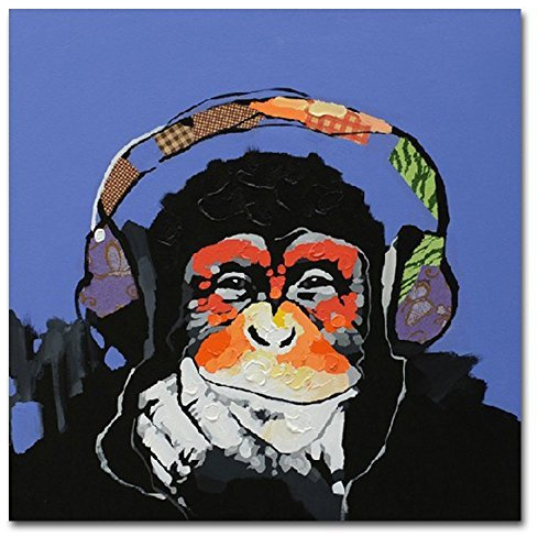 Fokenzary Handgemaltes Ölgemälde auf Leinwand Pop Art Putziger Schimpanse hört Musik mit Kopfhörer mit Rahmen Fertig zum Aufhängen 16x16in