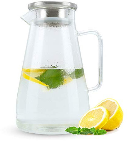 Intirilife Glaskaraffe 1,8L- Hitzebeständiger Wasserkrug aus Borosilikatglas mit Edelstahl-Filterdeckel -spülmaschinenfest- Karaffe für Wasser, Tee, Kaffee, Saft, Infused Water, tropffrei & langlebig