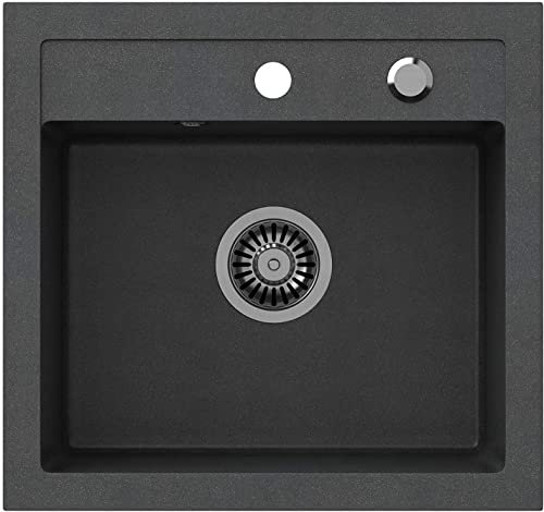 VBChome Spülbecken 50 x 47 cm Schwarz Granit Spüle Einzelbecken Küche Einbauspüle Verbundspüle Küchenspüle gesprenkelt Spülbecken Siphon