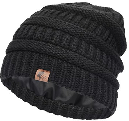 Olivia Sylx Satin gefütterte Mütze für Damen – Satin-Mütze, Seidenmütze, mit Satin gefütterte Wintermützen für Damen und lässige Beanie, Schwarz, Einheitsgröße