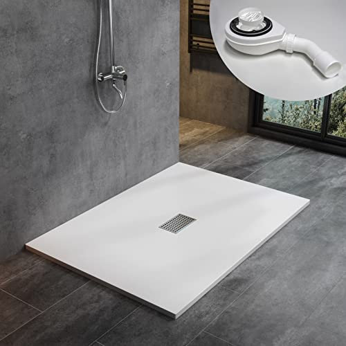 WITEN&NOCK Duschwanne 140x100 cm SMC Brausewanne Weiß Steinoptik Antirutsch Duschtasse Höhe 3,2 cm Niedrige Schwelle Extraflach Brausetasse mit Edelstahl-Abflussrinne und Ablaufgarnitur Ø 90 mm