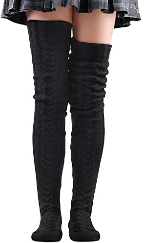 LittleForBig Thigh High Boot Socks Extra Long Over The Knee Cable Knitted Stockings - Black 105 cm