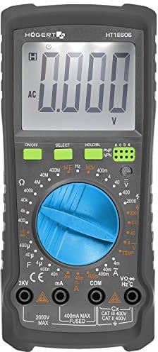 Högert Technik - Multimetro digitale fino a 2000V / 400mA I NCV I Termocoppia I Schermo LCD I Rivestimento in gomma I Ergonomico e Compatto I Cavo di misurazione I HT1E606