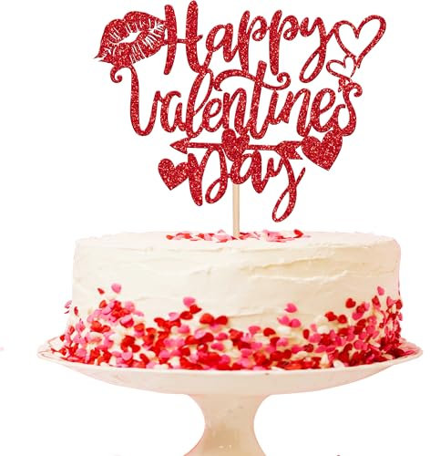 Xsstarmi 1 Pack Happy Valentine's Day Cake Topper Glitter Love Heart Lips Cupid's Arrow Cake Pick for Valentine's Day Theme Wedding Engagement Party Cake Decorations Supplies Red