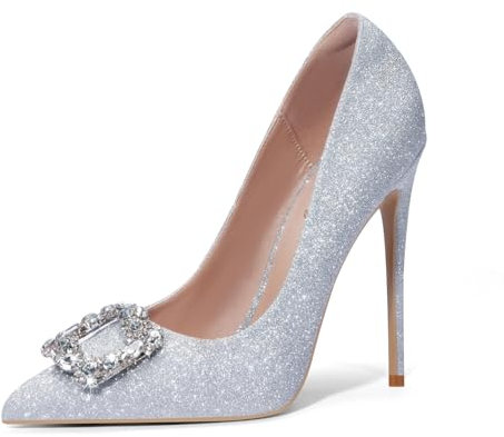GENSHUO Decolleté con Tacco Alto in Satin con Strass per Matrimonio e Festa - Tacco da 12 cm, Scintillio Argento, 36 EU