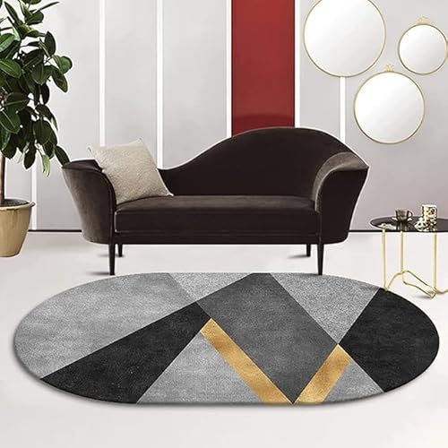 Tappeti Design Teppich Oval Anti-Rutsch Home Office Esszimmer Wohnzimmer Schlafzimmer Küche Kurzflor Teppiche Grau-Schwarz-Gold Oval 80X120CM