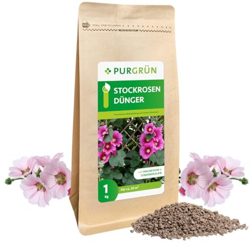 Purgrün® Stockrosen-Dünger 1 kg – Organisch-mineralische Rezeptur – Feinkörniges Krümelgranulat – NPK 5+4+6 – Extra Magnesium für prächtige Blüten – Verbessert die Bodenqualität – Für gesunde Rosen