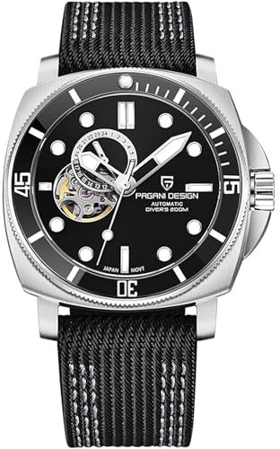 Pagani Design 1736 Herren-Automatikuhr NH39 Automatikwerk Saphirglas Edelstahlarmband 200 Meter wasserdicht Herren Chronograph Sportuhr. (Schwarz)