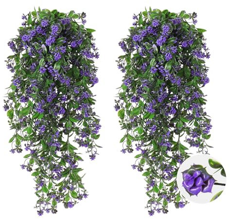 RECUTMS 2Pcs Artificial Hanging Plants Fake Vines Outdoor Greenery Flower for Outdoors Basket Plastic Home Garden Wedding Party Decorations(Purple)