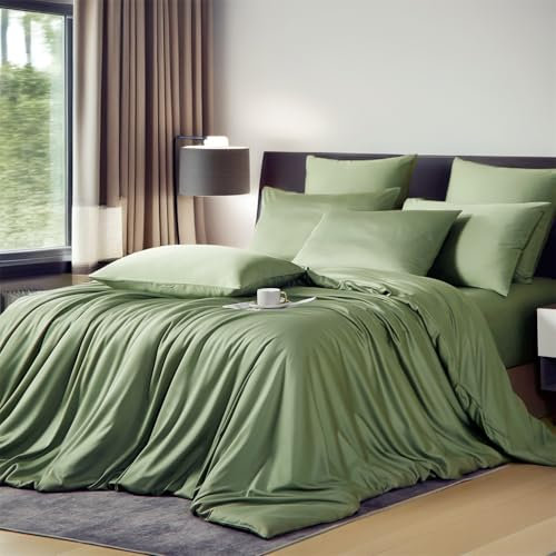 Boqingzhu Bambus Bettwäsche 135x200 cm Grün Salbeigrün Sommer Kühlend Einzelbett Luxus Lyocell Seide Bettwäsche Set Bettbezug mit Reißverschluss und Kissenbezug 80x80cm