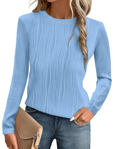 Gemulate Long Sleeve Tops Women Dressy Casual Ladies Blouses T-Shirts | Crewneck Trendy Basic Loose Textured Blouses Outfits