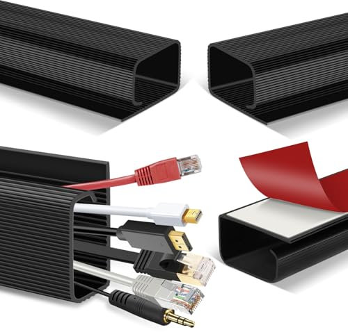 Organizador de cables para debajo del escritorio, organizador de cables negro, autoadhesivo, sin taladro, para PC, TV, bandeja de gestión de cables, 40 cm, paquete de 4