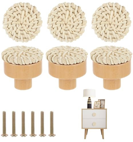 JJUNW Lot de 6 boutons d'armoire ronds en rotin tissé de style bohème pour commode, meubles de cuisine, chambre d'enfant, armoire à faire soi-même (blanc)