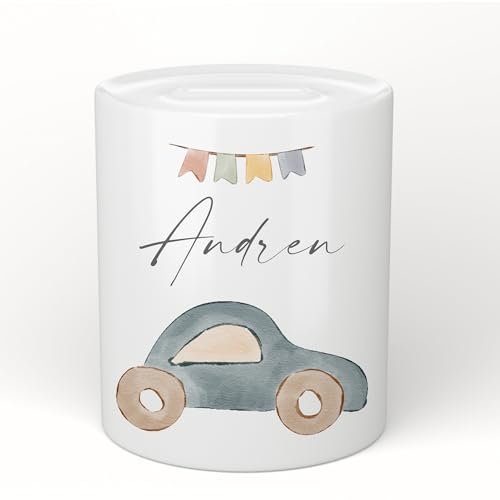 Manufaktur Liebevoll Spardose mit Namen Personalisierte Spardose Kinder Geschenk Baby Mädchen Junge Sparschwein Auto Fahrzeug