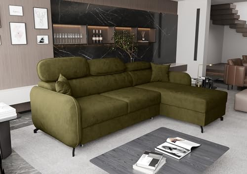 AXLIVING Ecksofa mit Schlaffunktion Ribella 5 L-Form 265cm, Samt in Olivgrün Rechts