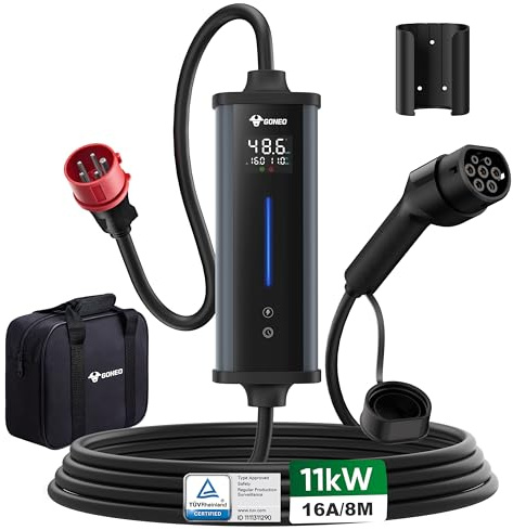 GONEO Mobile Wallbox 11kW 8M, CEE 16A Stecker auf Typ 2 Ladekabel, RCD Typ A 30mA AC + 6mA DC | Temperaturüberwachung | Timer | Fi Schutzschalter| 3-Phasig | 6/8/10/13/16A | IP66 Für EVs & PHEVs