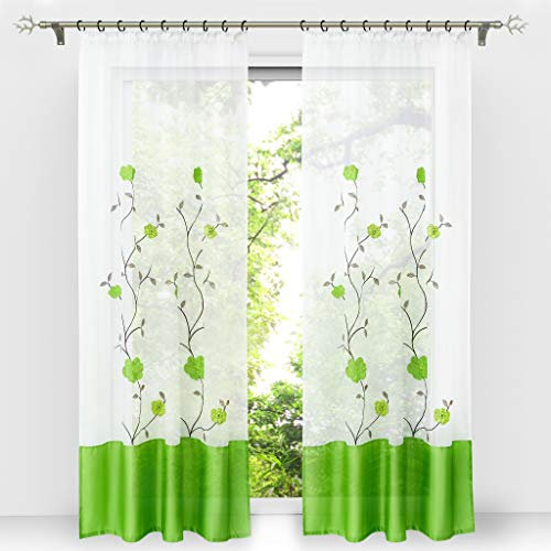 HongYa 1 Stück Voile Gardine Schal mit Kräuselband Transparenter Vorhang Bestickter Fensterschal H/B 145/140 cm Grün