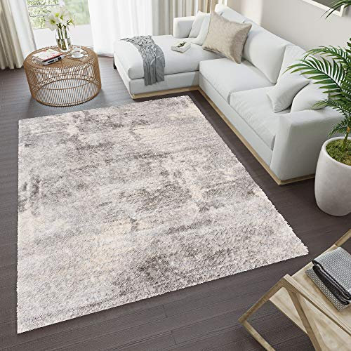 TAPISO Versay Teppich Shaggy Langflor Hochflor Creme Grau Modern Design Leinwand Optik Meliert Wohnzimmer Schlafzimmer ÖKOTEX 80 x 150 cm