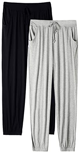 vislivin Schlafanzughose Damen Pyjamahosen Lang Freizeithose Stretch Yogahose Weiche Frauen Nachtwäsche Hosen Schwarz/Grau M