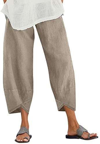 ZANZEA Womens Casual Trousers Cotton Linen Cropped Pants Loose Fit Bottoms | Summer Barrel Leg Trousers ,3/4 Capri Balloon Pants with Pockets,Straight Elasticated Waist Chino for Beach Lounge Yoga