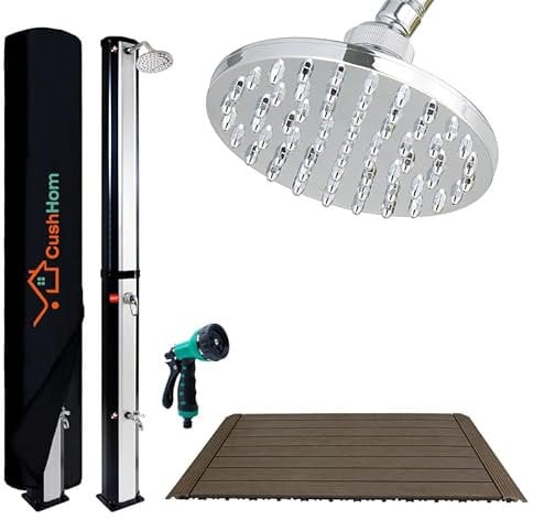 CCLIFE Douche Solaire, Douche de Jardin Solaire de 40 litres,avec Fond en Bois WPC et Housse de Protection, Pommeau de Douche Réglable, Température de l'eau Réglable Jusqu'à 60°