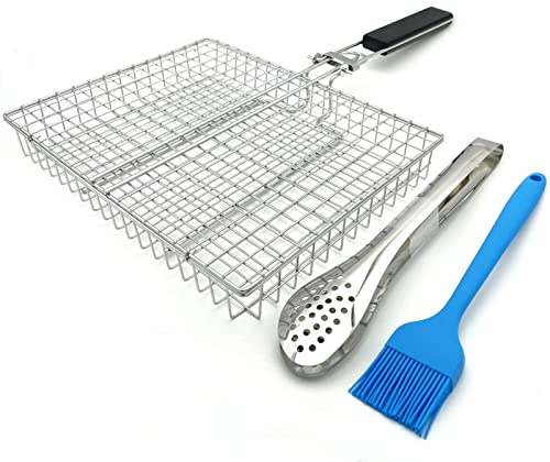 HTIAM Large Capacity Barbeque Grill Basket With Brush BBQ Tong Deeper Grilling Rack Havy Duty Stainless Steel BBQ Accessories Set